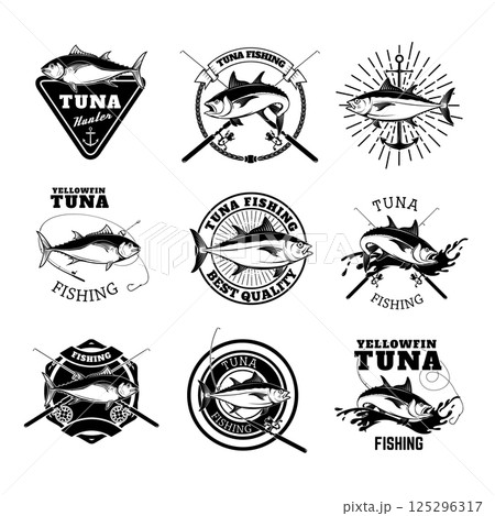 Tuna fishing labels isolated on white background. Design elements for logo, emblem, sign, badge. Vector illustration. 125296317