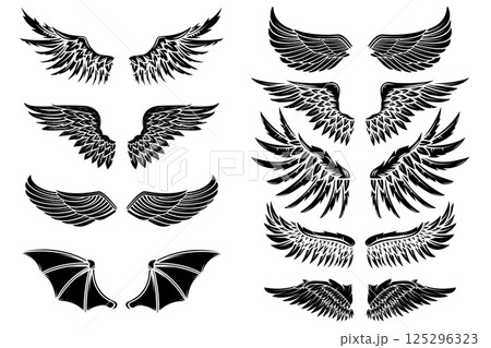 Set of vector wings isolated on white background. Design elements for logo, label, emblem, sign, brand mark. Vector illustration. 125296323