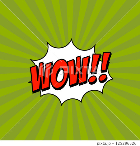 WOW!!! Comic style phrase on sunburst background. Design element for flyer, poster. Vector illustration. 125296326