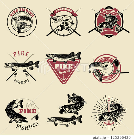 Pike fishing labels. Fishing club, team emblems templates. Vector illustration. Pike fishing labels. Fishing club, team emblems templates. Vector illustration. 125296420