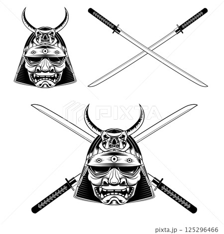 Samurai Warrior Mask With Katana Sword. Label,badge template. Vector illustration. Samurai Warrior Mask With Katana Sword. Label,badge template. Vector illustration. 125296466