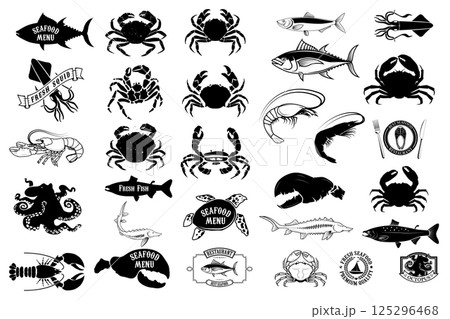 seafood menu labels set. Design elements for logo, label, emblem, sign, brand mark, restaurant menu, poster. Vector illustration. seafood menu labels set. Design elements for logo, label, emblem, sign, brand mark, restaurant menu, poster. Vector illustration. 125296468