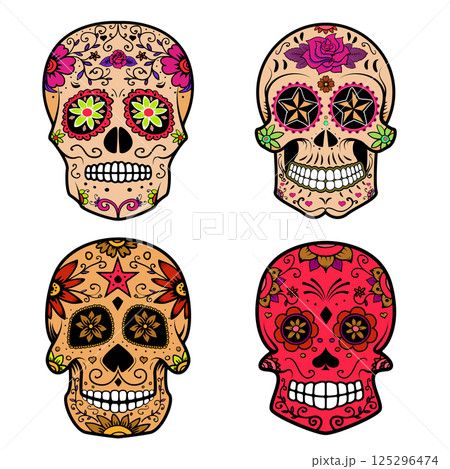 Set of sugar skulls isolated on white background. Day Of The Dead. Dia De Los Muertos. Vector illustration. Set of sugar skulls isolated on white background. Day Of The Dead. Dia De Los Muertos. Vector illustration. 125296474