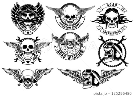 Set of motorcycle club labels templates.Skulls in motorcycle helmets with wings. Design elements for logo, label, emblem, sign, badge. Vector illustrations. 125296480