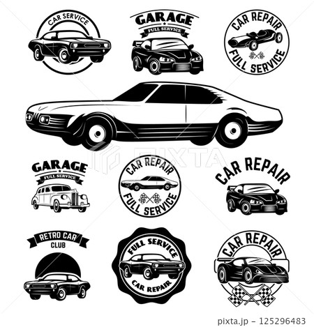 Set of car repair, service, racing team labels and badges. Design elements for logo, label, emblem, sign, brand mark. 125296483