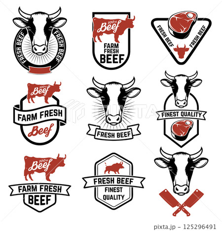 Set of fresh beef labels. Cow meat. Butcher shop. Fresh meat. Design elements for logo, label, emblem, sign, brand mark. Vector illustration. Set of fresh beef labels. Cow meat. Butcher shop. Fresh meat. Design elements for logo, label, emblem, sign, brand mark. Vector illustration. 125296491