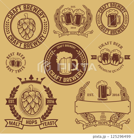 Set of labels templates with beer mug. Beer emblems. Bar. Pub. Design elements for logo, label, emblem, sign, brand mark. Vector illustration. Set of labels templates with beer mug. Beer emblems. Bar. Pub. Design elements for logo, label, emblem, sign, brand mark. Vector illustration. 125296499