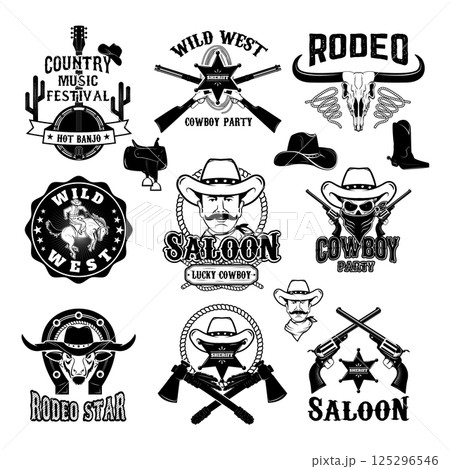 Cowboy rodeo, wild west labels. Country music party.  Design elements for logo, label, emblem, sign, badge. 125296546