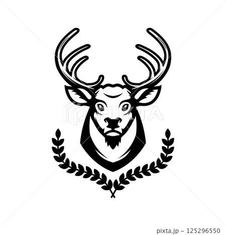 Deer head silhouette with wreath isolated on white background. Deer head emblem. Animal with horn. Deer logo template. Vector design element. 125296550