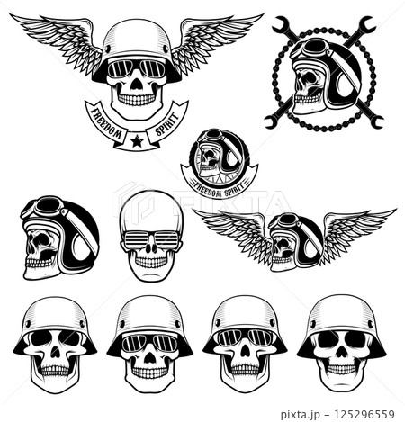 Freedom spirit. Set of skulls in biker helmets. Freedom spirit. Set of skulls in biker helmets. 125296559