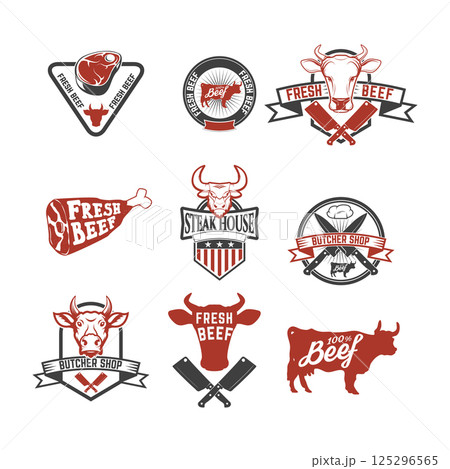 Set of fresh beef labels. Cow meat. Butcher shop. Fresh meat. Design elements for logo, label, emblem, sign, brand mark. Vector illustration. 125296565