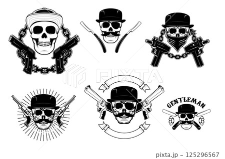 Set of gangsta skulls isolated on white background. Design element for t-shirt print, poster, sticker. Vector illustration. Set of gangsta skulls isolated on white background. Design element for t-shirt print, poster, sticker. Vector illustration. 125296567