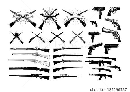 Big set of pistols and bullet holes isolated on white background. Handguns set on white background. Revolvers, hand guns and automatic handguns set. 125296587