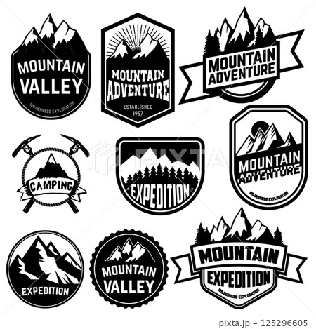 Set of vintage style mountains expedition labels and badges and design elements. Vector logo,badge or label design template. Set of vintage style mountains expedition labels and badges and design elements. Vector logo,badge or label design template. 125296605
