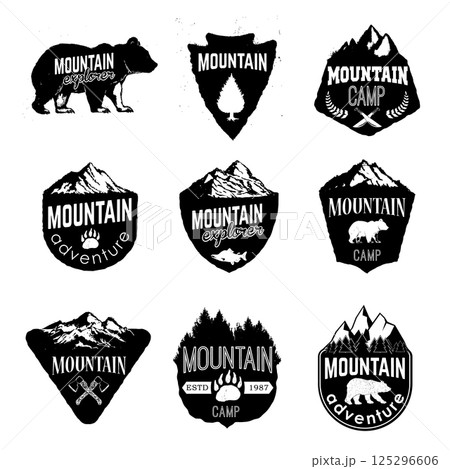Mountain camp badges templates with mountains and trees isolated on white background. Camp outdoor adventure concept illustration Mountain camp badges templates with mountains and trees isolated on white background. Camp outdoor adventure concept illustration 125296606