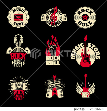 music labels set on grunge background. Design elements for logo, label, emblem, sign. Vector illustration. music labels set on grunge background. Design elements for logo, label, emblem, sign. Vector illustration. 125296609