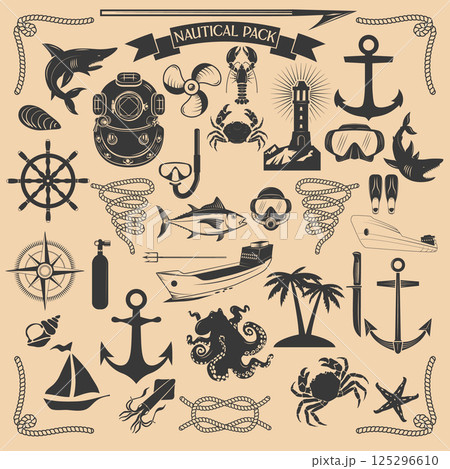 Vector pack of nautical elements. Rope swirls, logos and badges 125296610