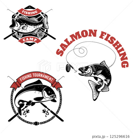 fishing tournament labels. Carp fishing, salmon fishing, perch fishing. Design elements for logo, label, emblem, sign, brand mark. Vector illustration. 125296616