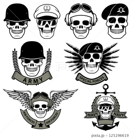 Military emblem. Human skull in a helmet with a grenade in his mouth. special forses labels set 125296619