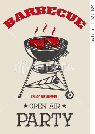 Barbecue open air party flyer template. Grill with kitchen tools, steaks, sausage. Design elements for restaurant menu, poster. Vector illustration. Barbecue open air party flyer template. Grill with kitchen tools, steaks, sausage. Design elements for restaurant menu, poster. Vector illustration. 125296624