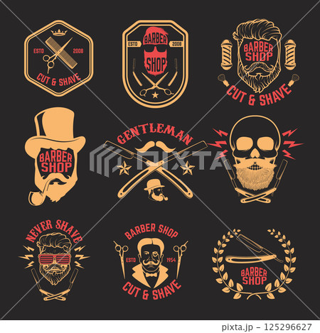 Set of Barber shop emblems. Design elements for logo, label, emblem, sign, badge, brand mark. Vector illustration. 125296627