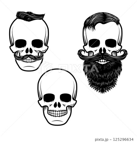 Set of skulls with mustache and beard. Retro vector design graphic element, emblem, logo, insignia, sign, identity, logotype, poster. T-shirt print design template. Vector illustration. Set of skulls with mustache and beard. Retro vector design graphic element, emblem, logo, insignia, sign, identity, logotype, poster. T-shirt print design template. Vector illustration. 125296634