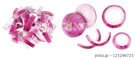 Red onion slices l isolated on a white background. Top view. Flat lay 125296723