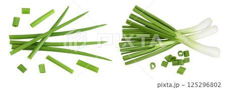 Green onion isolated on the white background. Top view. Flat lay. 125296802