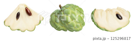 Sugar apple or custard apple slice isolated on white background. Exotic tropical annona or cherimoya fruit 125296817