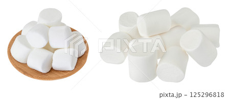 Marshmallow in wooden bowl isolated on white background with  full depth of field 125296818