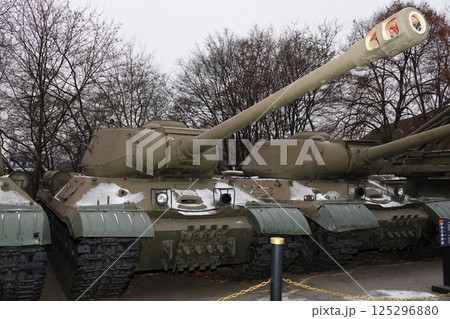 Kiev, Ukraine December 10, 2020: Heavy tank IS-2 in the museum of military equipment for all to see 125296880
