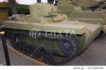 Kiev, Ukraine December 10, 2020: Light floating tank T-37A at the Museum of Military Equipment for all to see Kiev, Ukraine December 10, 2020: Light floating tank T-37A at the Museum of Military Equipment for all to see 125296890