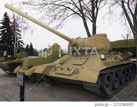 Kiev, Ukraine December 10, 2020: Medium Tank T-34 (T-34-85) at the Museum of Military Equipment for all to see Kiev, Ukraine December 10, 2020: Medium Tank T-34 (T-34-85) at the Museum of Military Equipment for all to see 125296895