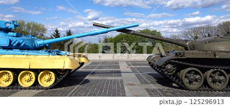 Kiev, Ukraine April 27, 2020: tanks standing in the park in honor of the end of the war in Afghanistan 125296913