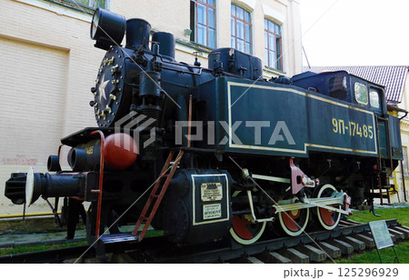 Kyiv, Ukraine July 10, 2021: Tank - steam locomotive museum monument in the park for public viewing 125296929