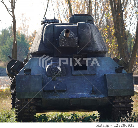 Kiev, Ukraine October 26, 2021: Medium tank T-34 at the film studio for public viewing 125296933