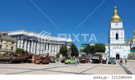 Kyiv, Ukraine June 6, 2024: Russian wrecked military equipment from the battlefield is on public display in Kiev Kyiv, Ukraine June 6, 2024: Russian wrecked military equipment from the battlefield is on public display in Kiev 125296949