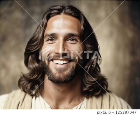 With a warm smile that embodies kindness and serenity, this depiction of Jesus Christ showcases his gentle spirit and deep inner peace, inviting comfort and inspiration Generative AI With a warm smile that embodies kindness and serenity, this depiction of Jesus Christ showcases his gentle spirit and deep inner peace, inviting comfort and inspiration Generative AI 125297047