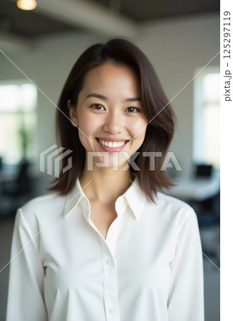 A professional brunette woman stands confidently in a stylish bank office, radiating positivity with her bright smile while engaging with clients during a busy workday Generative AI A professional brunette woman stands confidently in a stylish bank office, radiating positivity with her bright smile while engaging with clients during a busy workday Generative AI 125297119