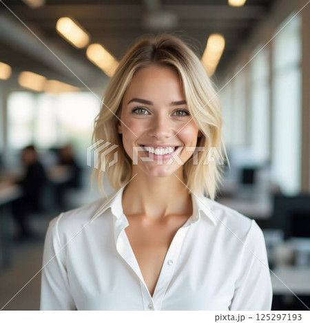 In a contemporary office space, a cheerful blonde woman engages with clients, showcasing her professional demeanor and positive attitude while delivering outstanding customer service Generative AI 125297193