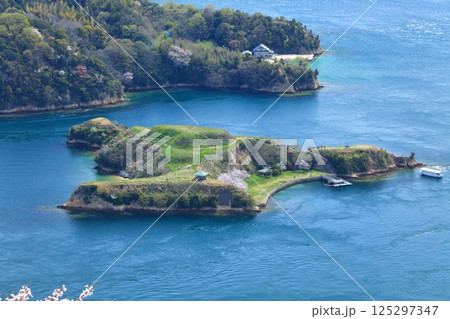 【愛媛県】満開の桜と能島と鵜島 125297347