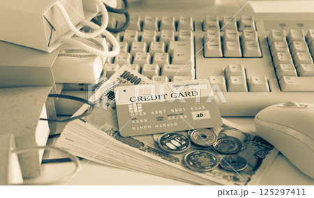 ネットショッピング　クレジットカード　Eコマース　ショッピングバッグ　買い物依存症　買い物好き 125297411