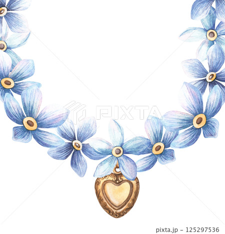 Vintage blue flowers and golden pendant frame template. Elegant floral spring arrangement with forget-me-not in bloom. Perfect for romantic themes, wedding or love decoration, seasonal greeting card 125297536