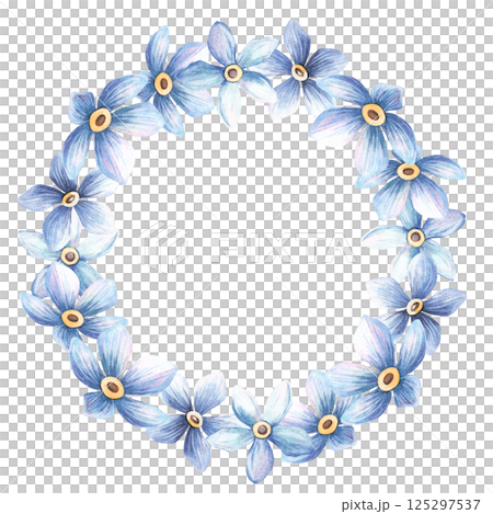 Blue flowers forget-me-not blossom wreath. Cute floral spring circle frame with myosotis in bloom. Perfect frame for botanical wedding arrangement, seasonal greeting card, retro love card, postcard 125297537