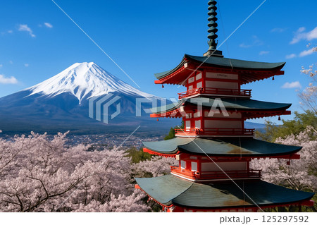 新倉山浅間公園　忠霊塔と冠雪の富士山に満開の桜 125297592