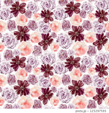 Seamless watercolor floral pattern with peony, rose, and daisy blooms in soft pink, violet, and burgundy tones 125297593