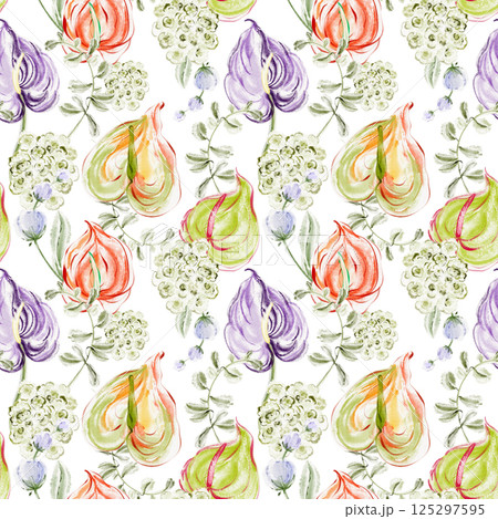 Seamless tropical floral watercolor pattern with vibrant Anthurium, exotic flowers, and lush foliage 125297595