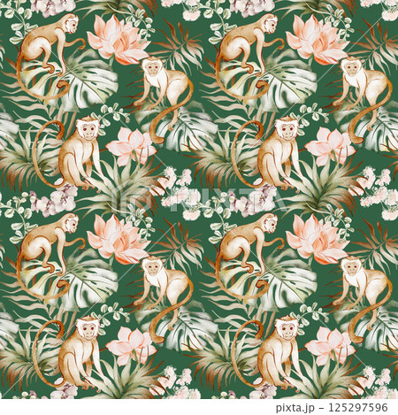Seamless watercolor pattern with tropical jungle animals 125297596