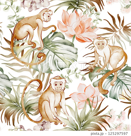 Seamless watercolor pattern with tropical jungle animals 125297597