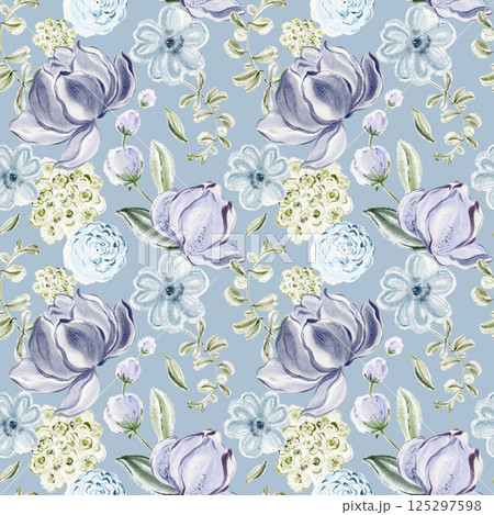 Seamless watercolor floral pattern with delicate roses, lilies, and violet blooms 125297598